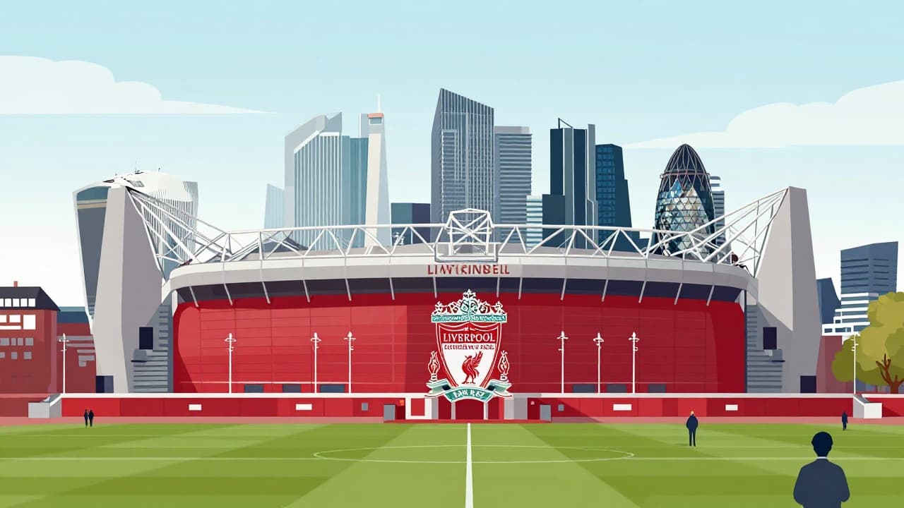 Anfield stadium with a modern financial backdrop