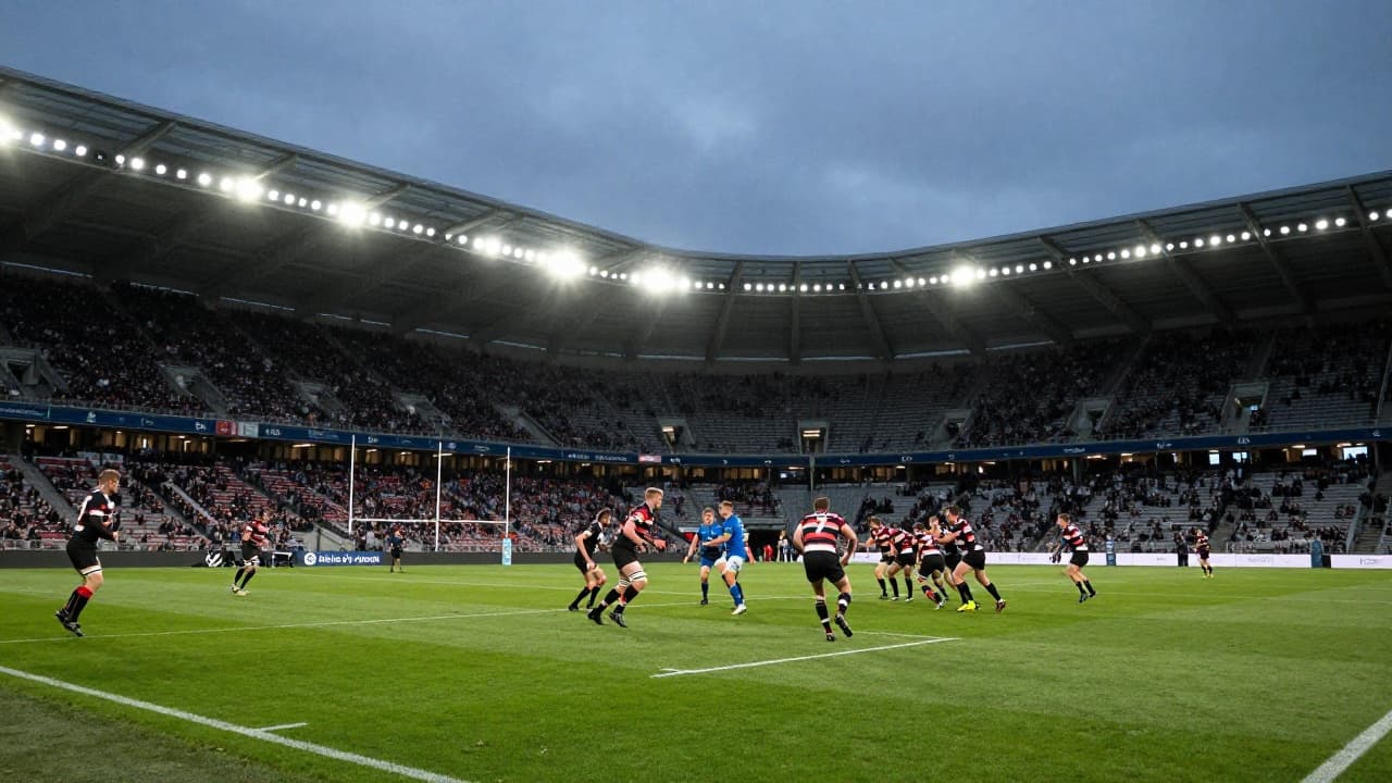 Dinamična akcija na rugby terenu pod reflektorima