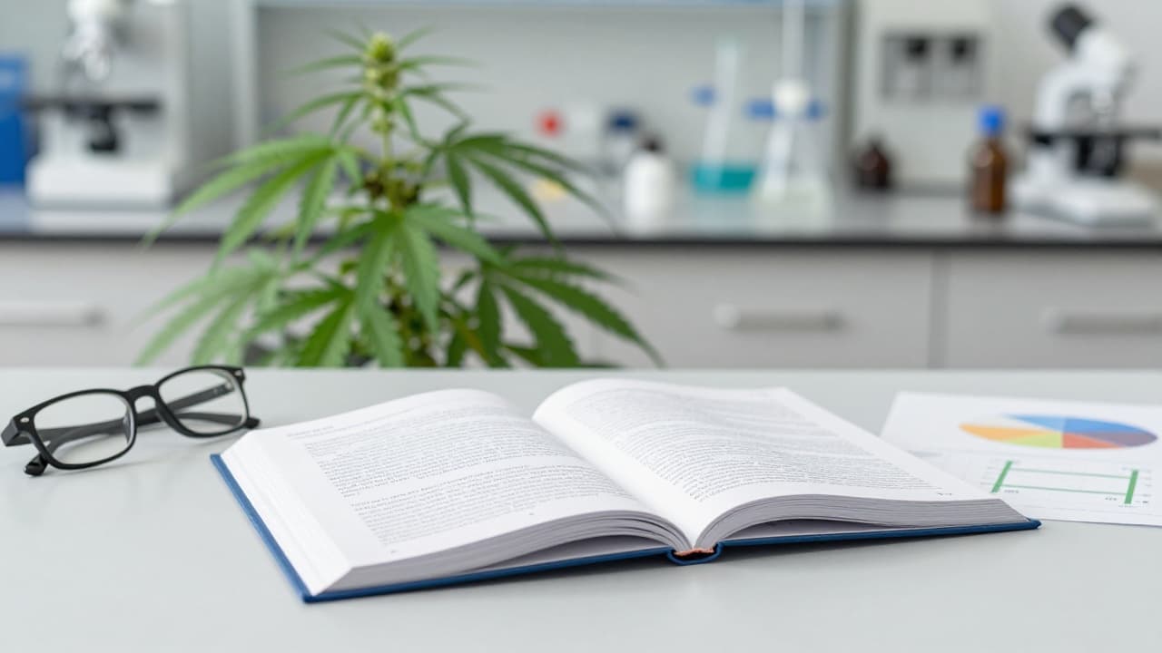 Laboratory table with a scientific journal and a hemp plant