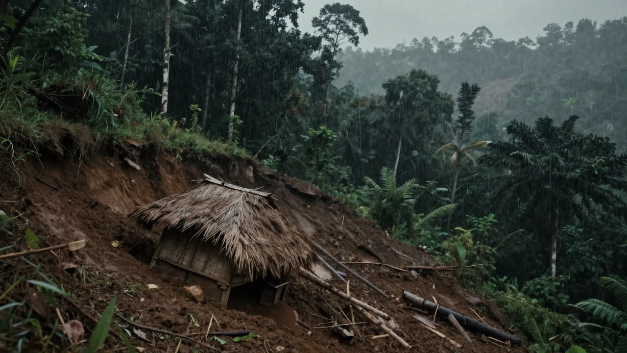 Rain and landslide in a tropical forest