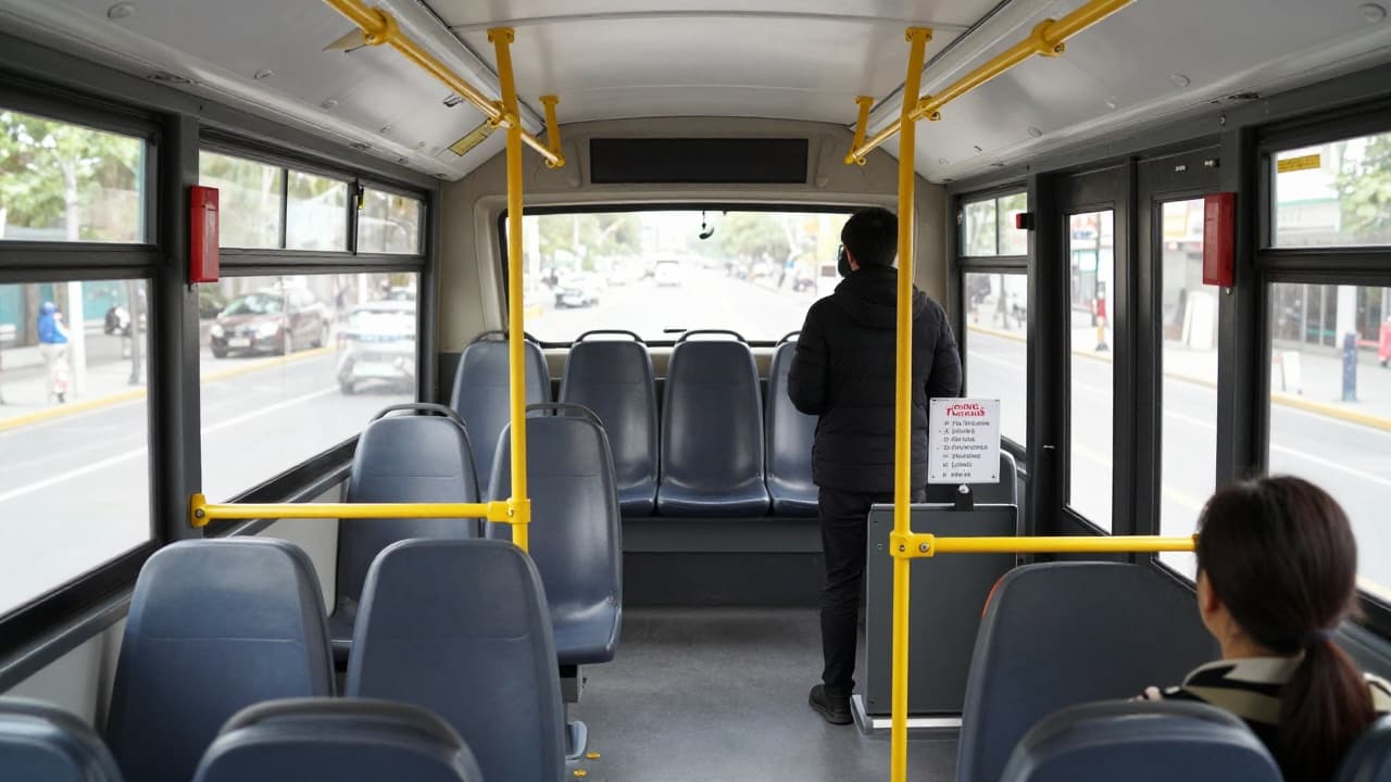 Unutrašnjost autobusa s natpisom