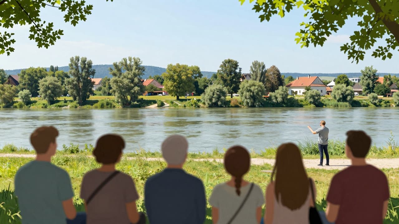 Visitors with a guide along the Drava