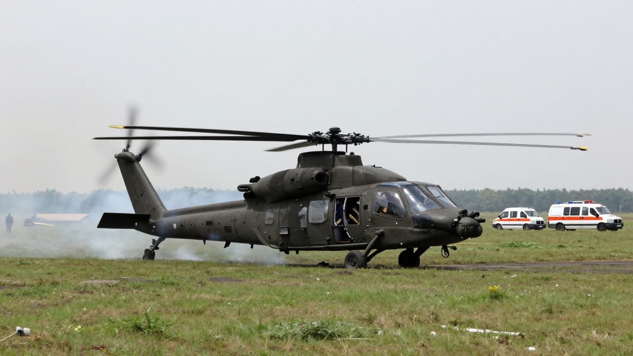 A military helicopter in flight over a grassy area