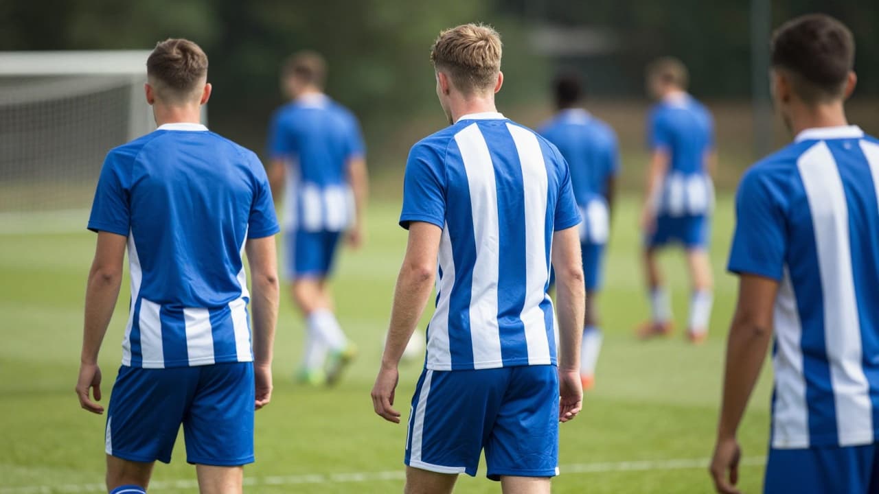 A footballer in a blue and white kit trains on the pitch