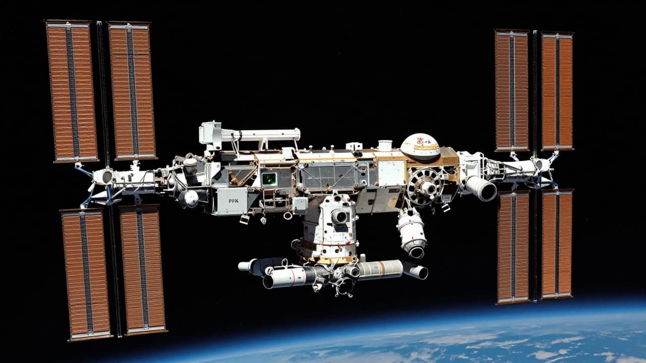 The International Space Station in orbit, highlighting the Russian segment