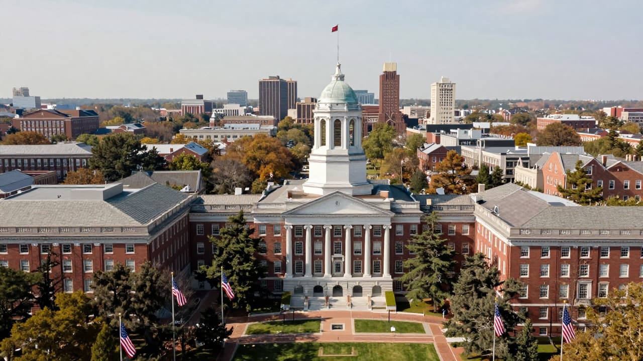 View of the campus with the American flag