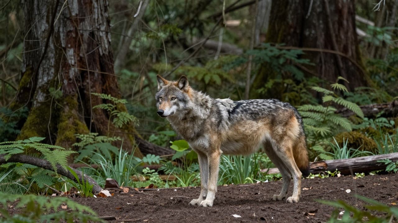 A grey wolf in the forest