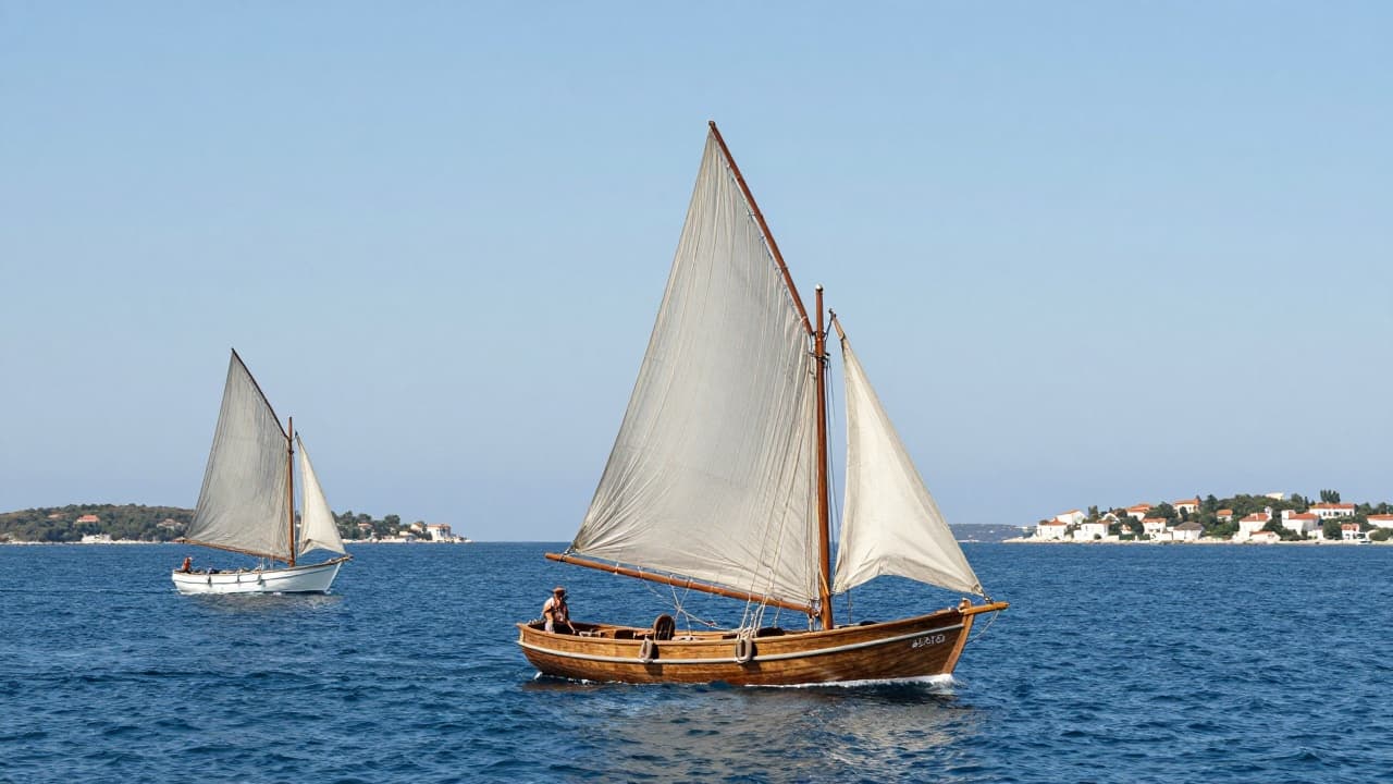 Wooden bark with sails