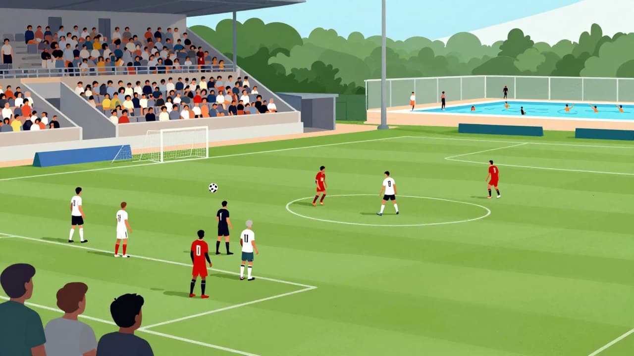 Player on the football field, with a swimming pool in the background