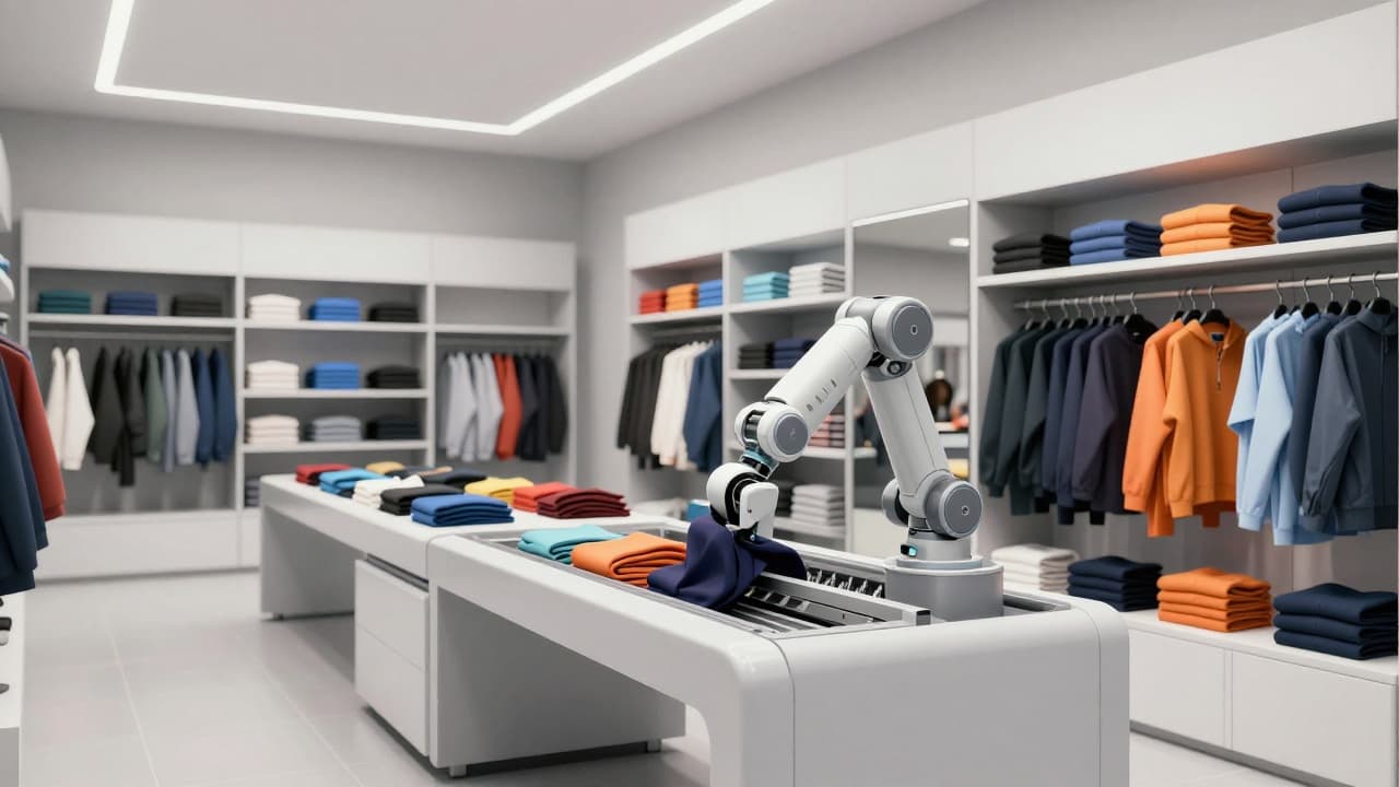 Robotska ruka obrađuje odjeću u modernoj trgovini
