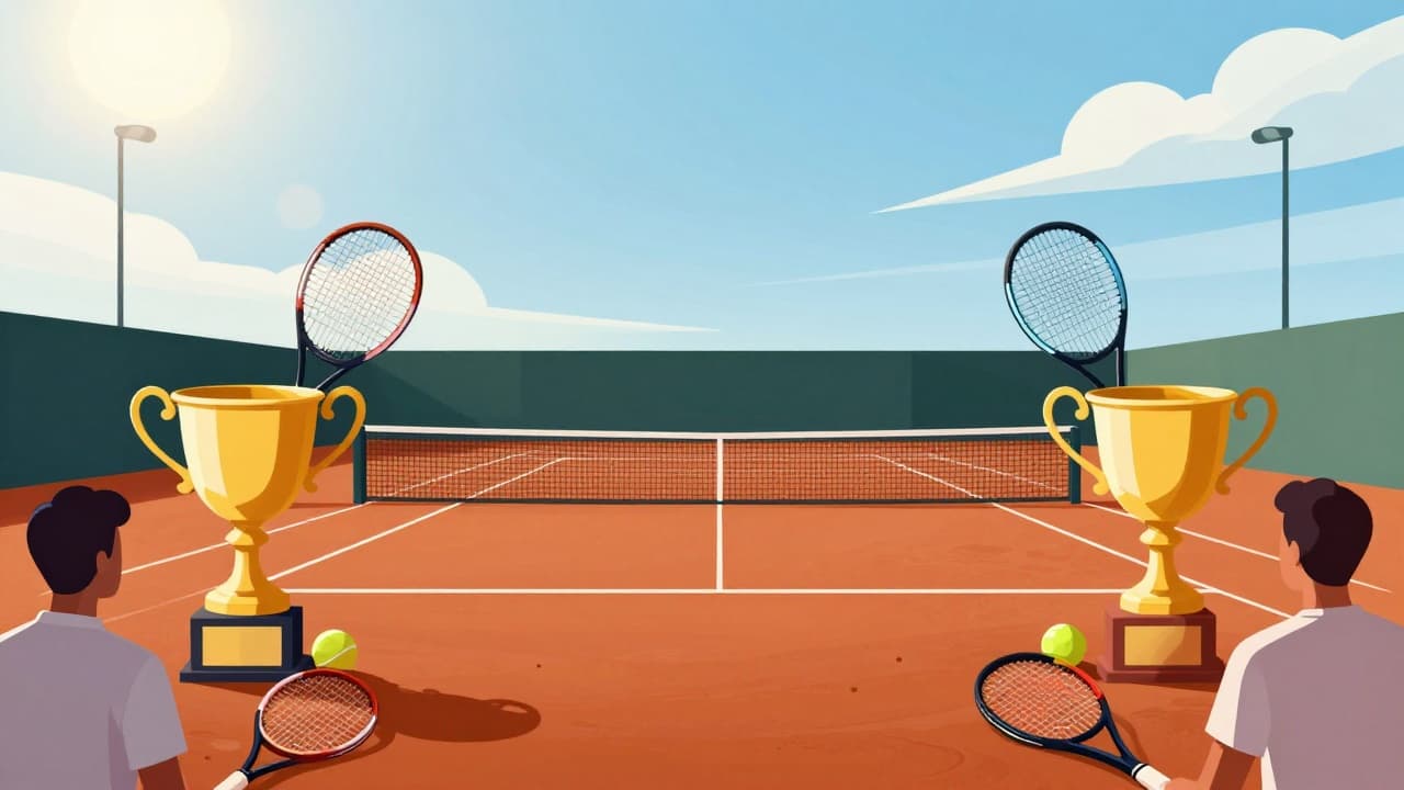 Young tennis players celebrate victory with trophies