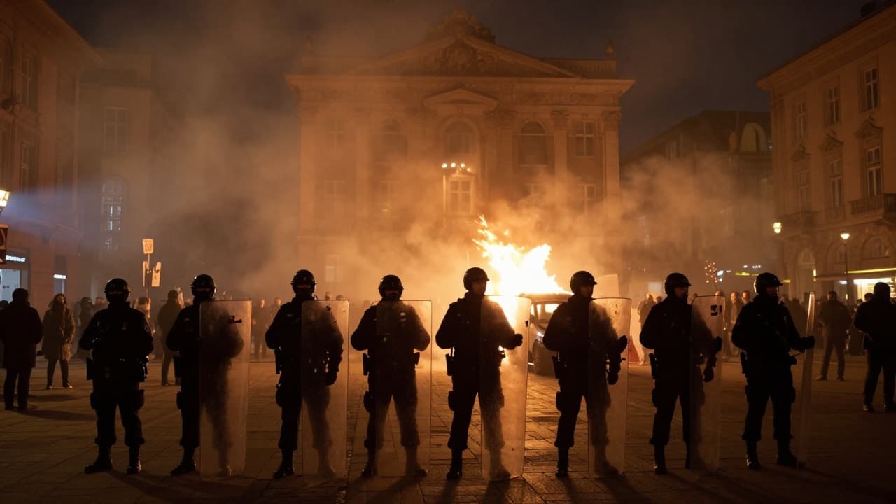 Protesters outside a building at night