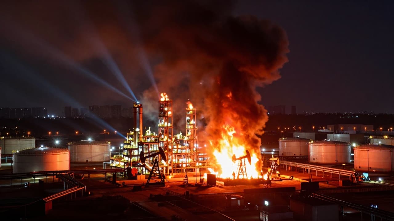 Noćni pogled na industrijski objekt u plamenu