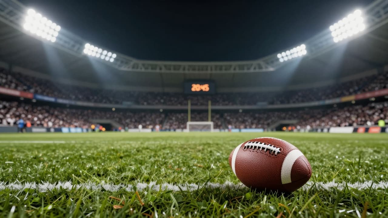 Soccer ball on the grass under the floodlights