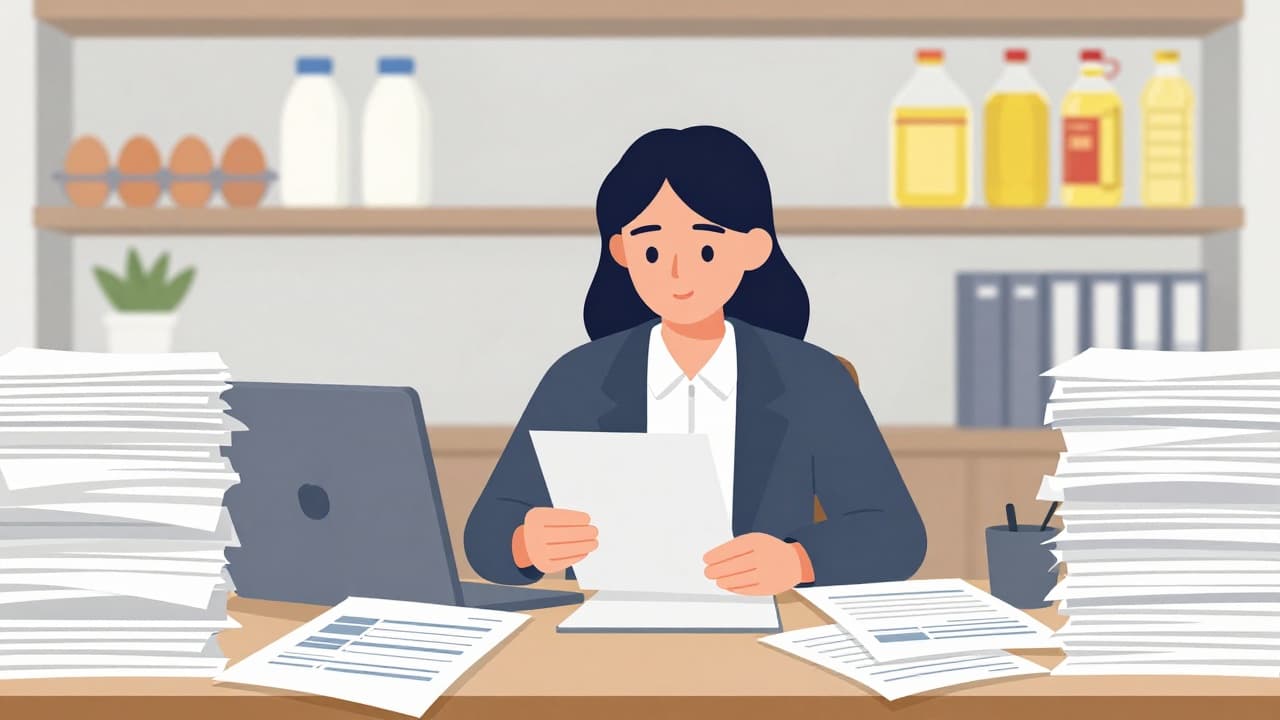 Businesswoman surrounded by papers next to shelves stocked with groceries