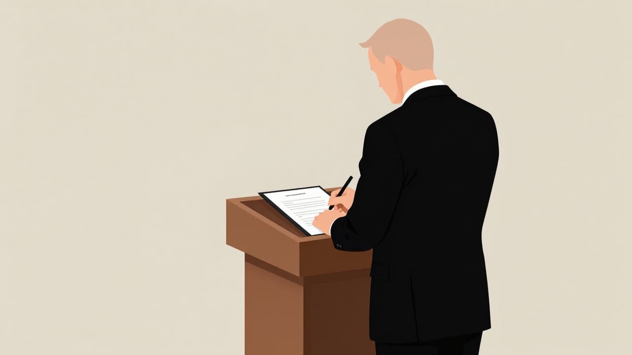 Signing the document on the podium