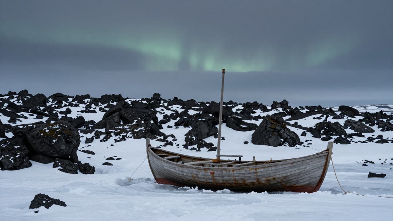 Icelandic landscape with black rocks and snow