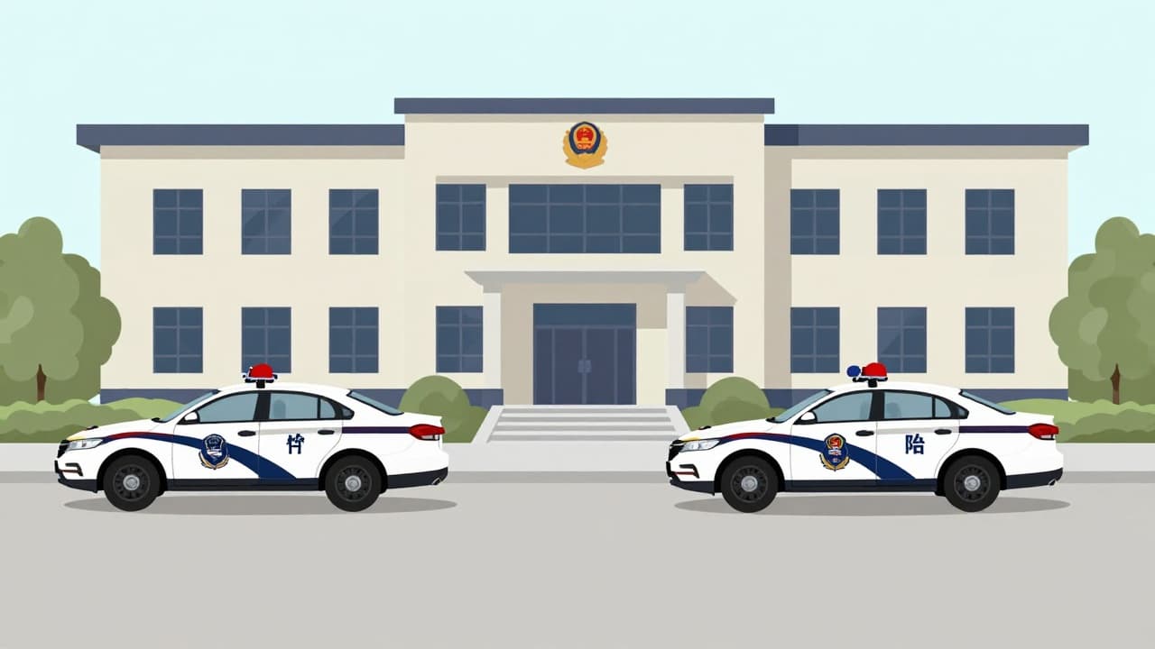 Police vehicles in front of the building