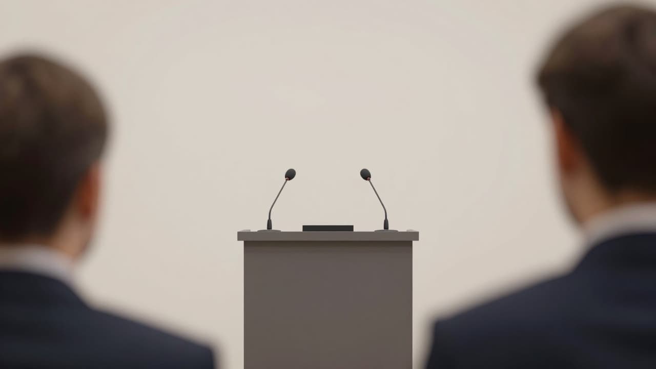 A speaker's podium with microphones at a press conference