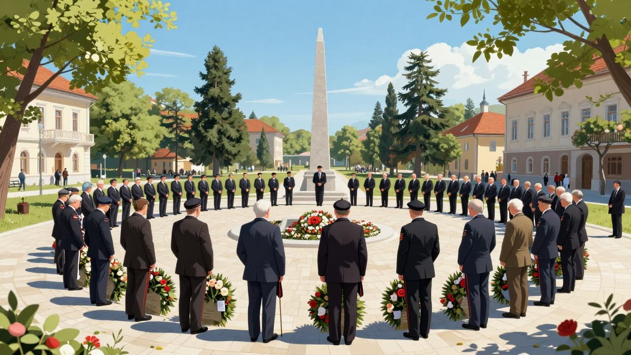Veterans lay a wreath at the monument