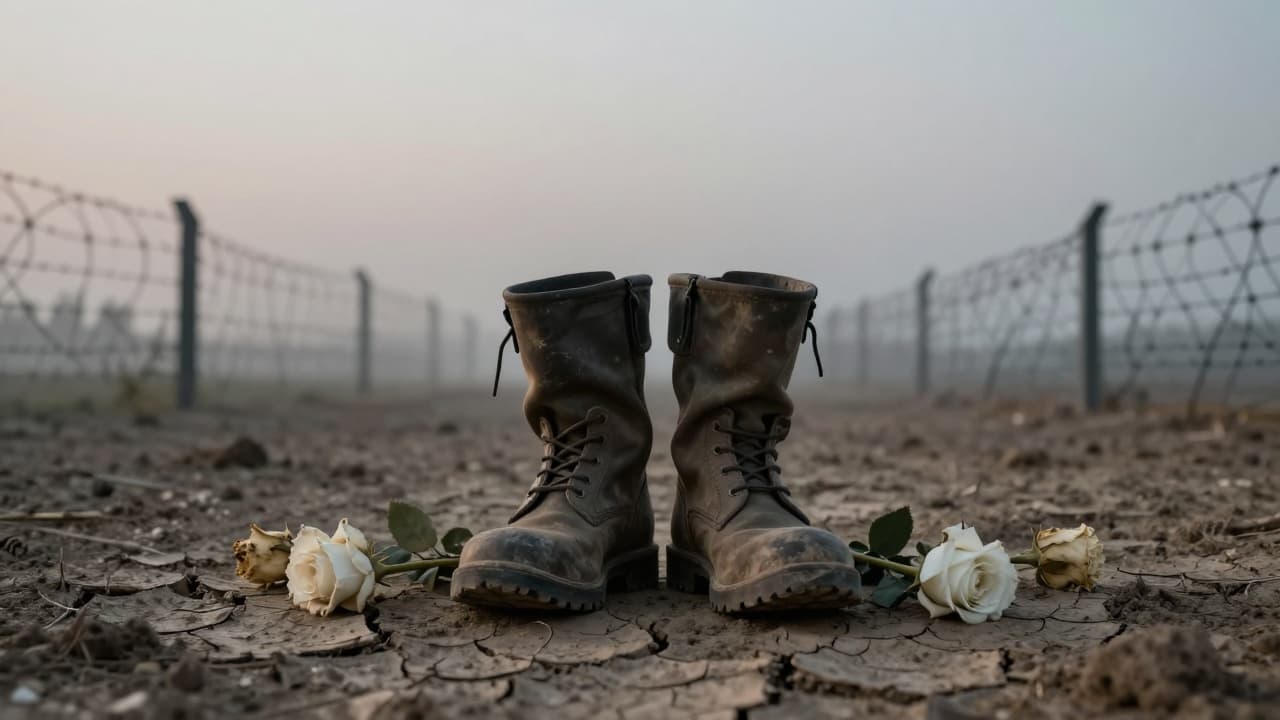 Empty military boots on dry ground