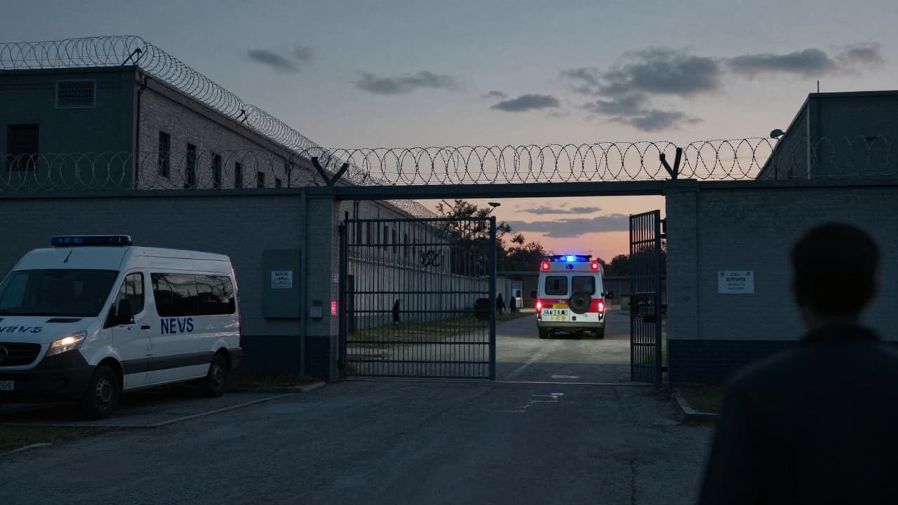 Tamna zatvorska zgrada s bodljikavom žicom