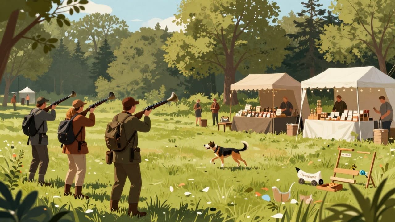 Hunting hornists and a dog in the park