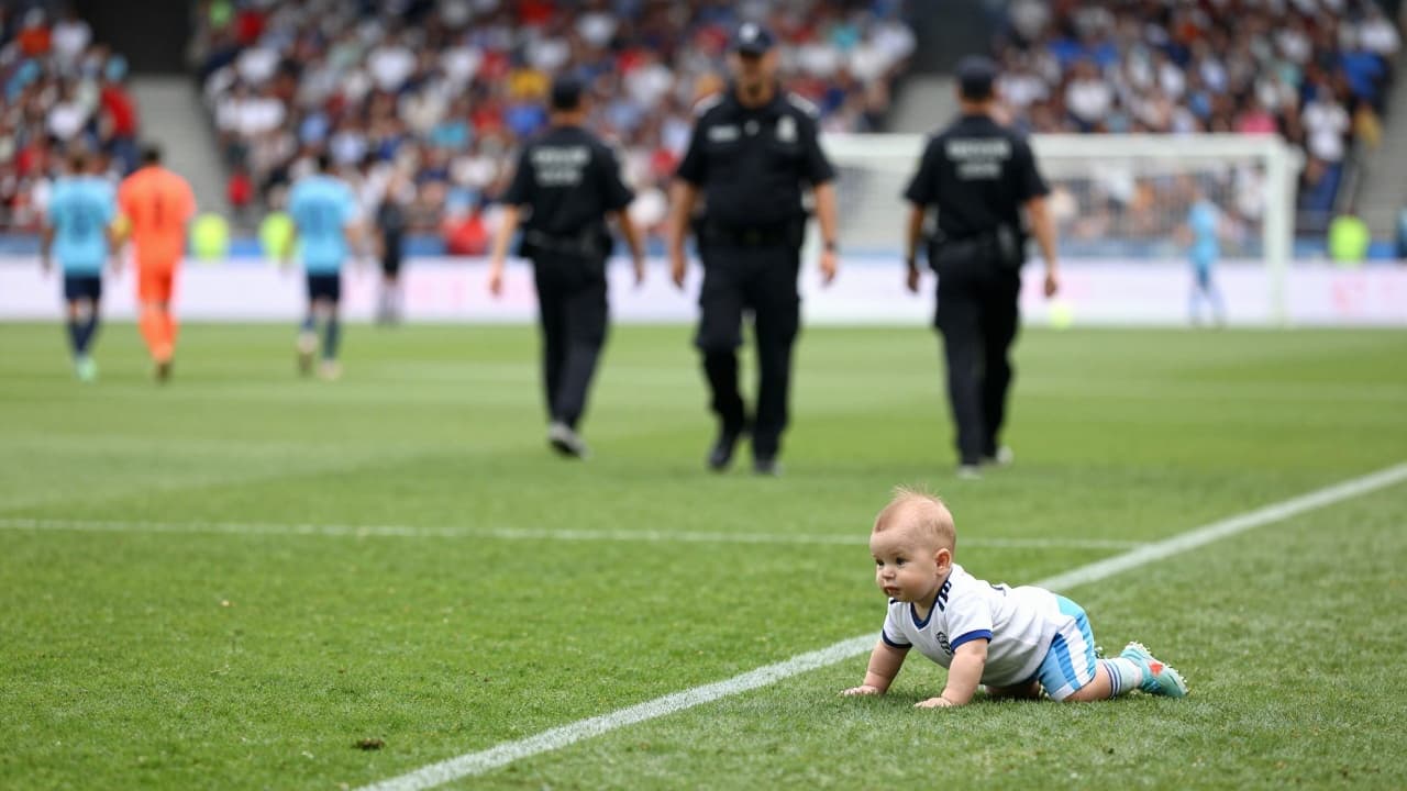 Baby on the pitch during the match