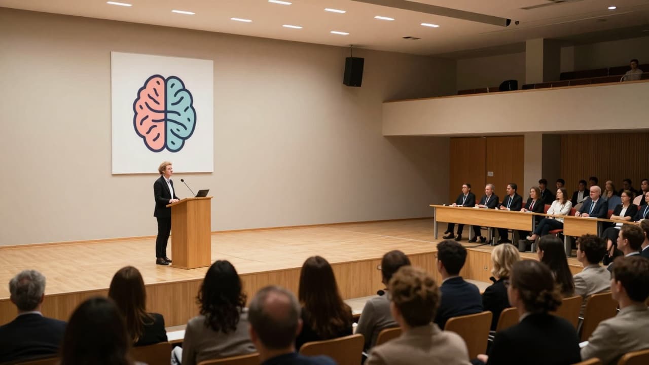 Conference hall with a speaker on stage