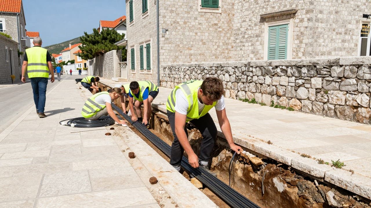 Laying fibre-optic cables in a trench