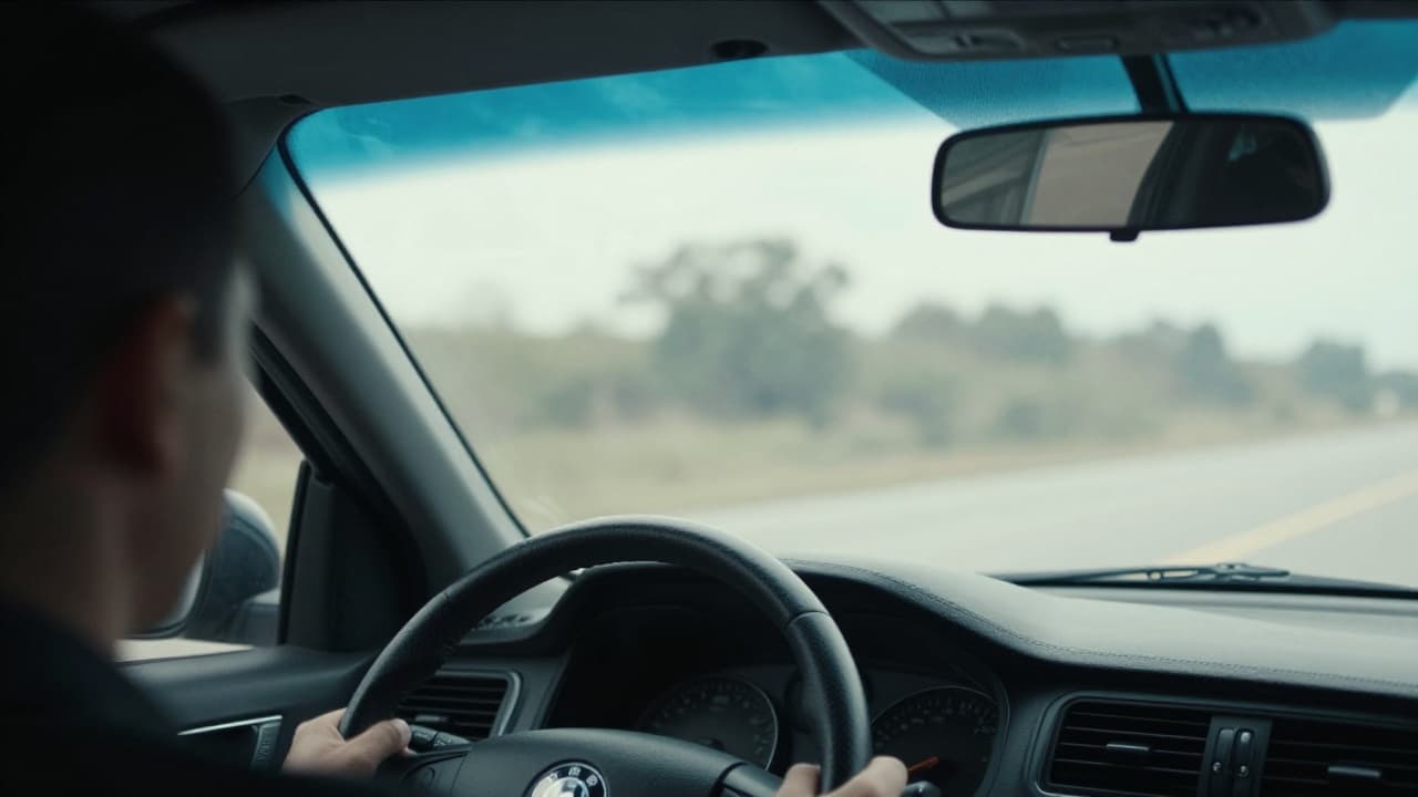 Blurred view of the driver through the rear-view mirror