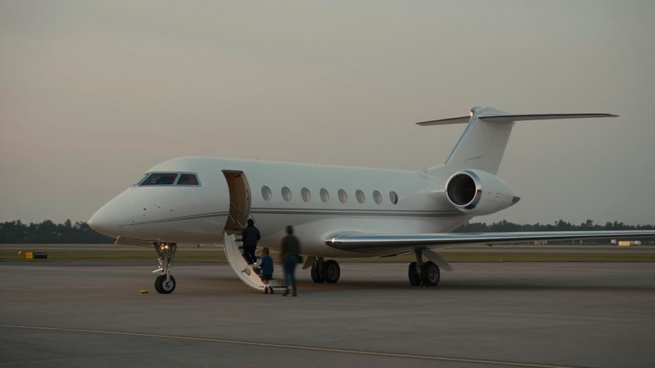 Private jet on tarmac at dusk