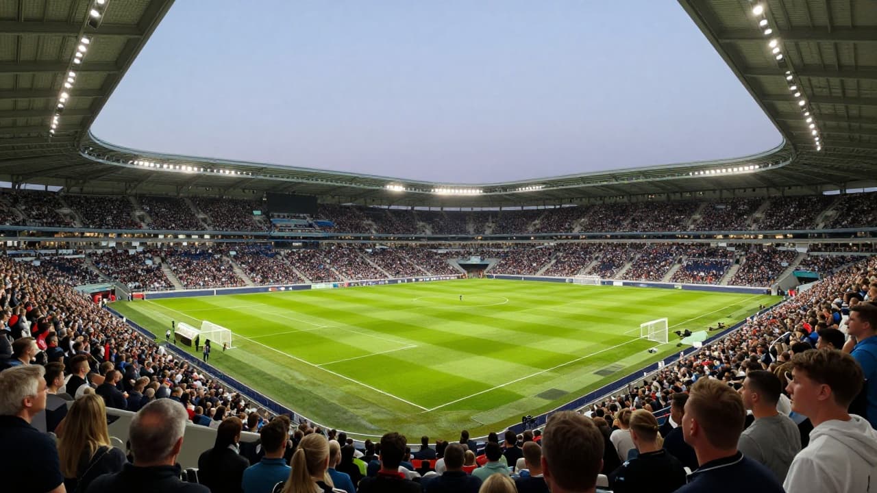 Football stadium under floodlights