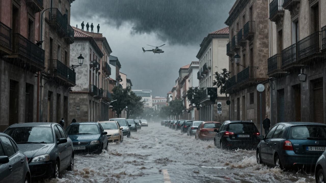Flooded streets and people on rooftops