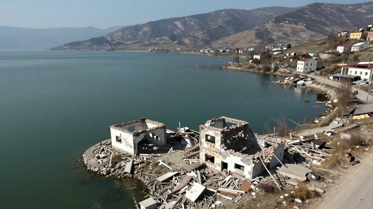 View of the lake with ruins