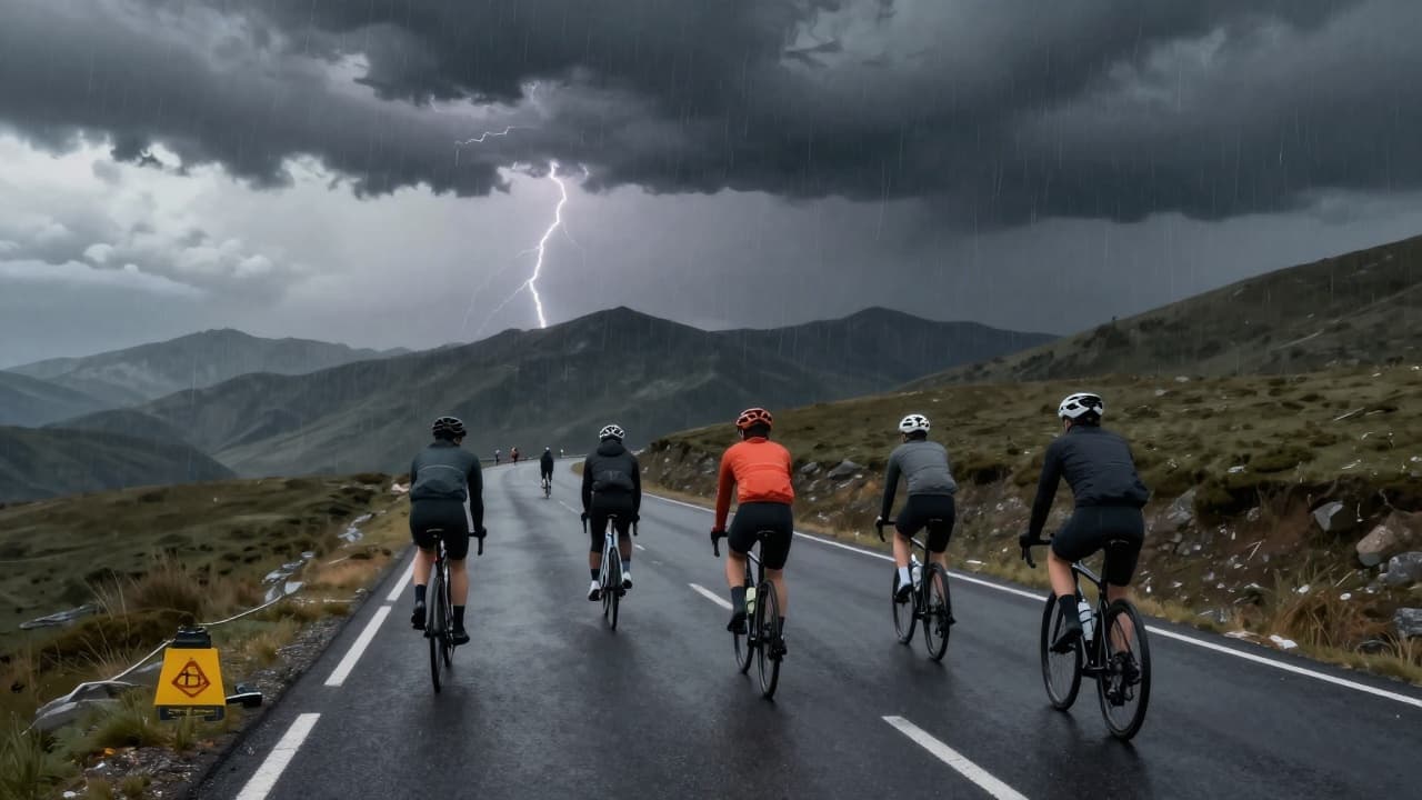 Cyclists stop during a thunderstorm