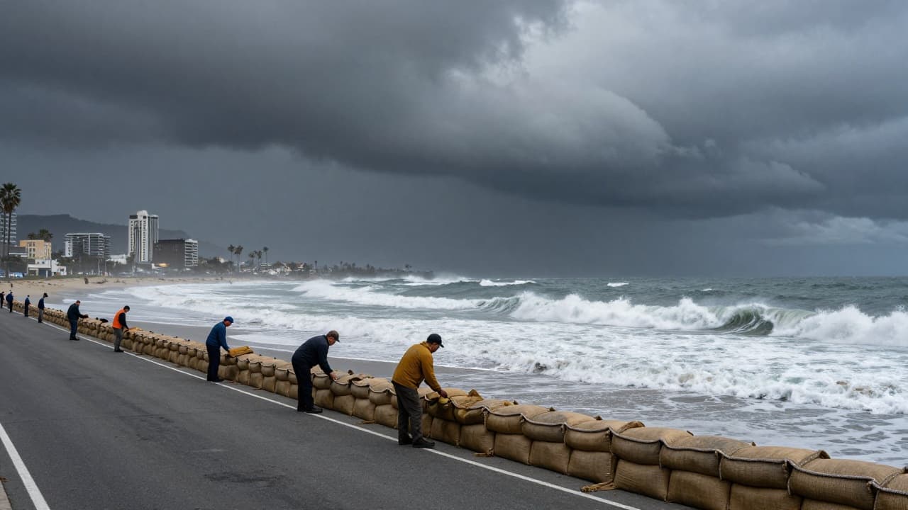 Workers prepare for flood defense