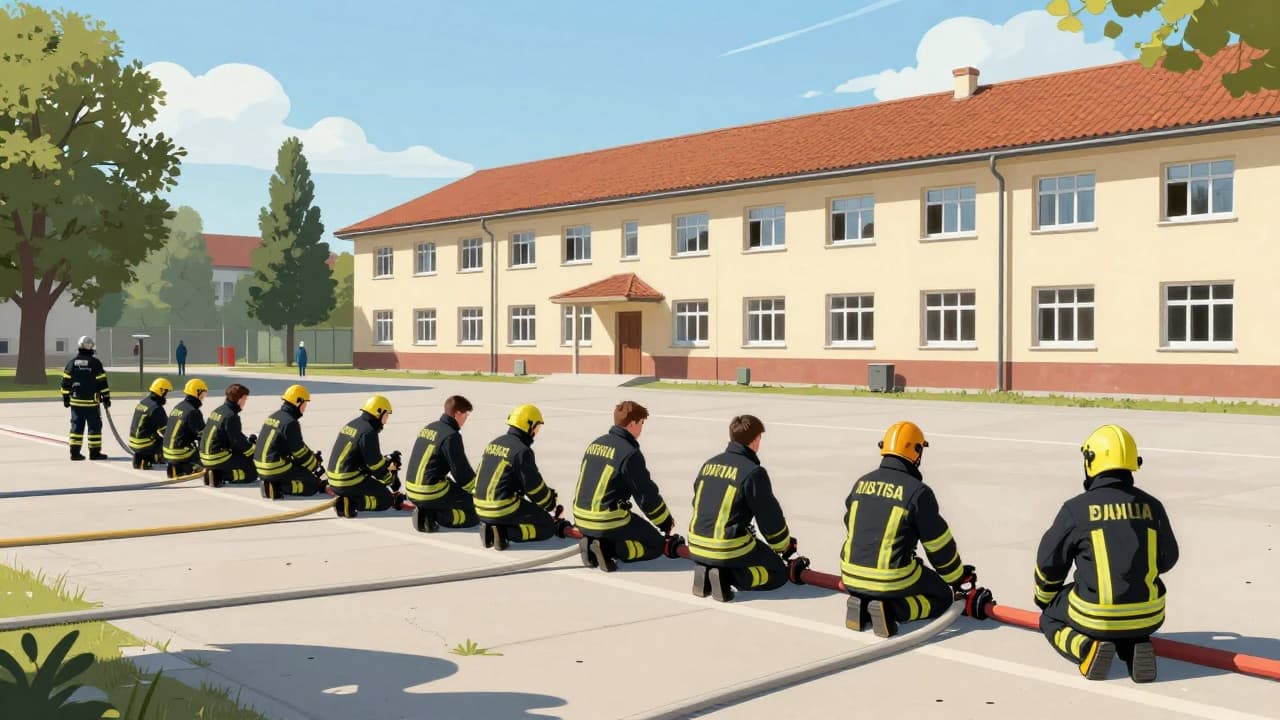 Young firefighters connect hoses at the competition
