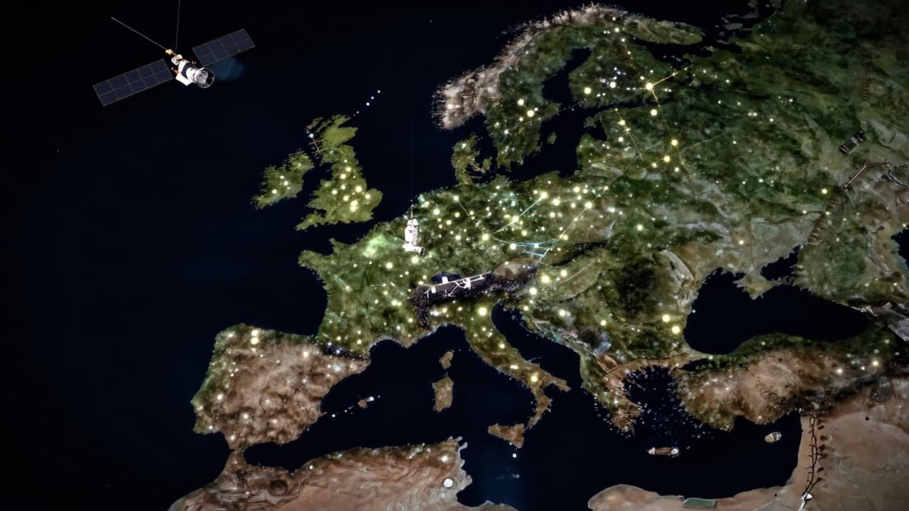 Satellite constellation in orbit above Europe