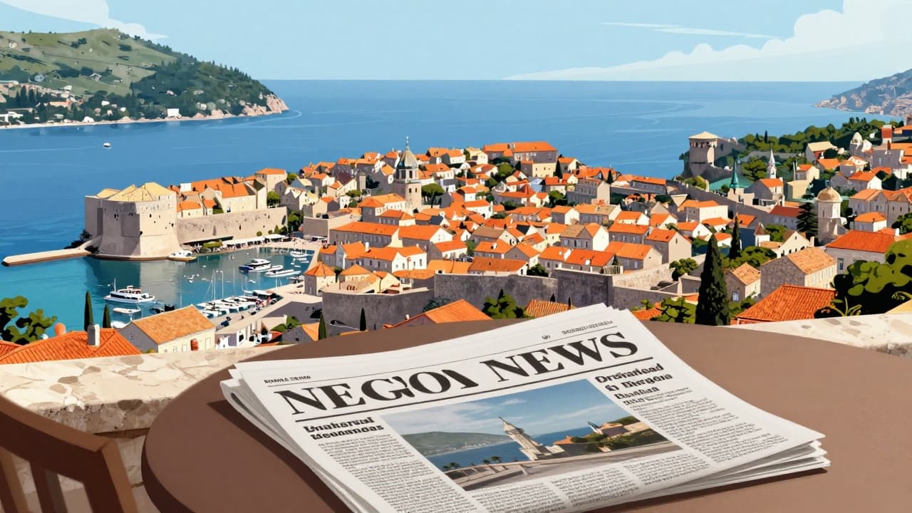 Pogled na staro gradsko jezgro s novinskim člankom