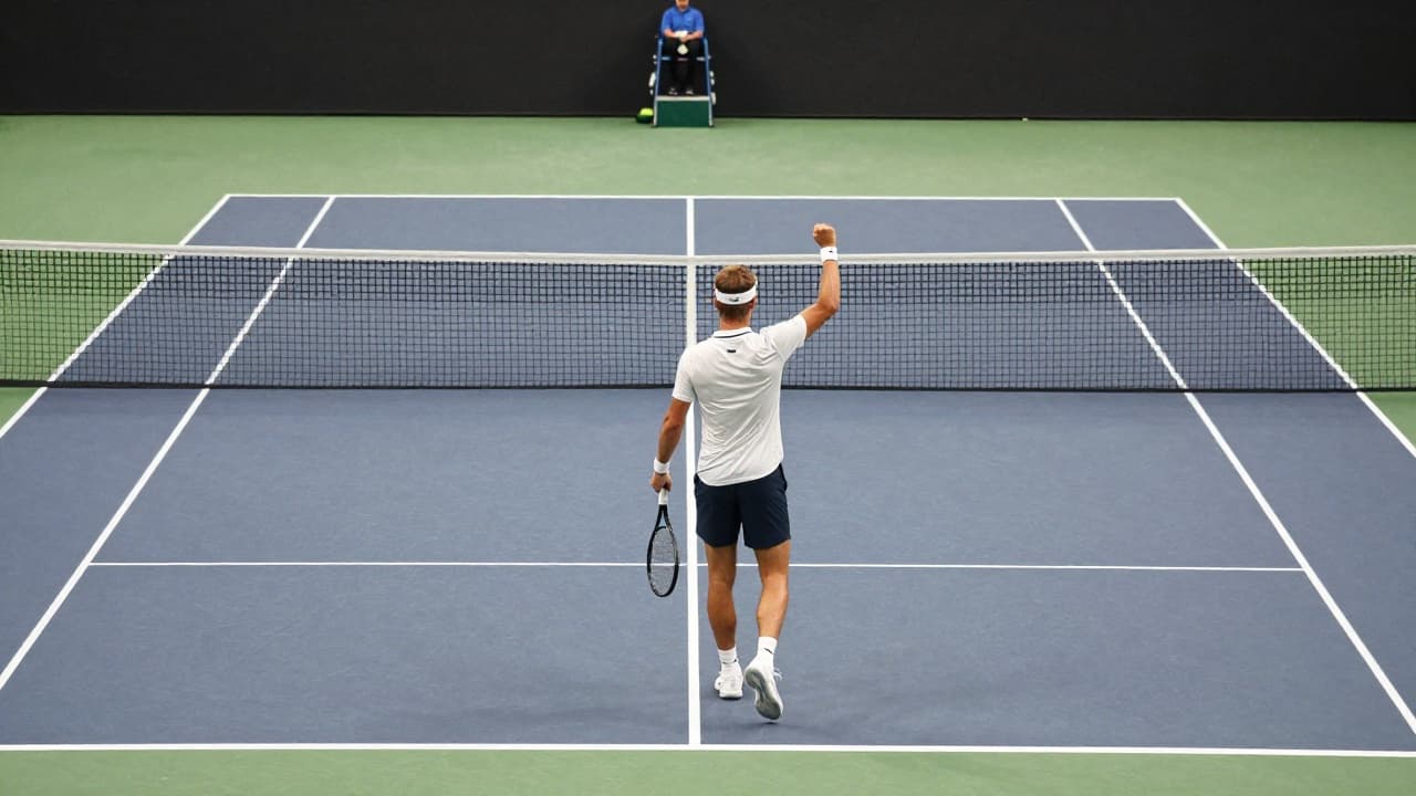 Tennis player celebrates victory on the court
