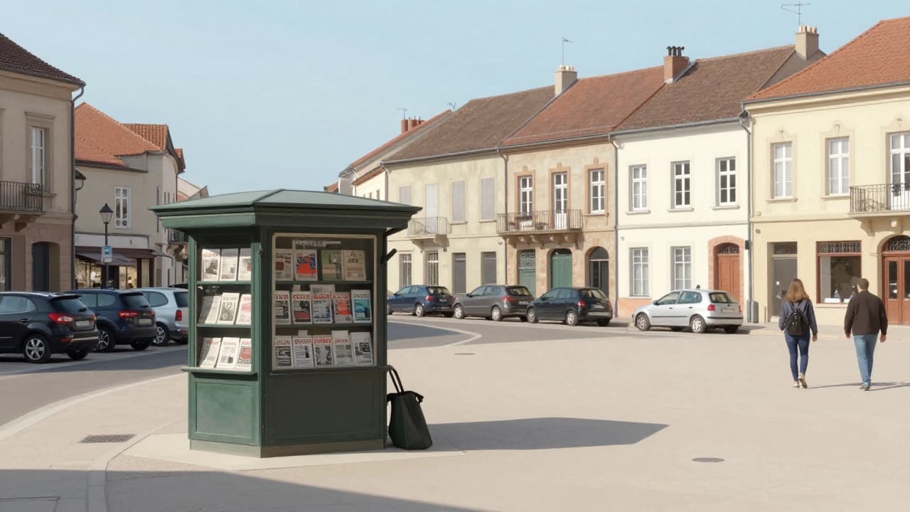 Kiosk na trgu s parkiranim automobilima