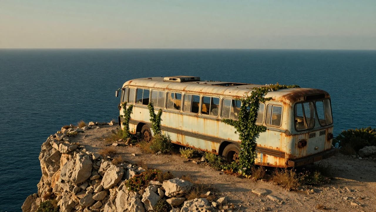 Rusted bus on the seaside