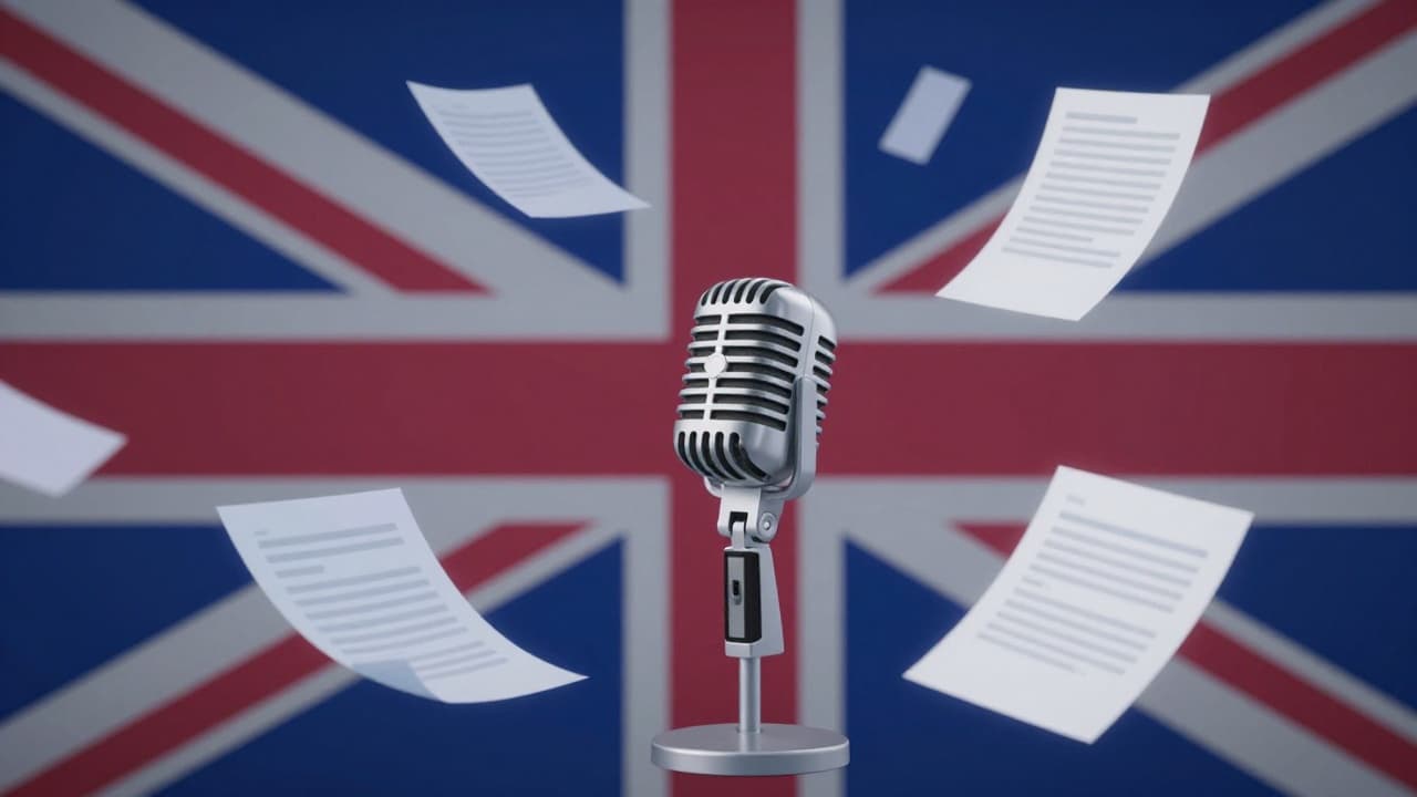 Stylized British flag motif with a microphone