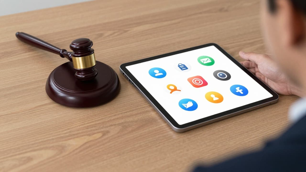 Čekić i tablet s logotipima društvenih mreža