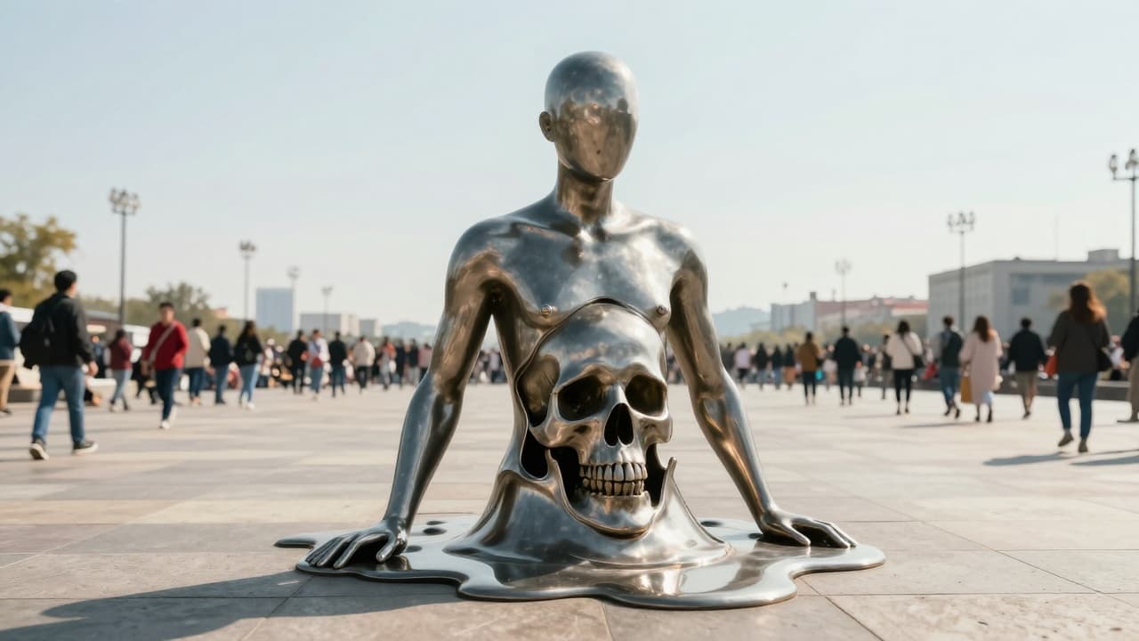 The sculpture melts, revealing a skull beneath the surface