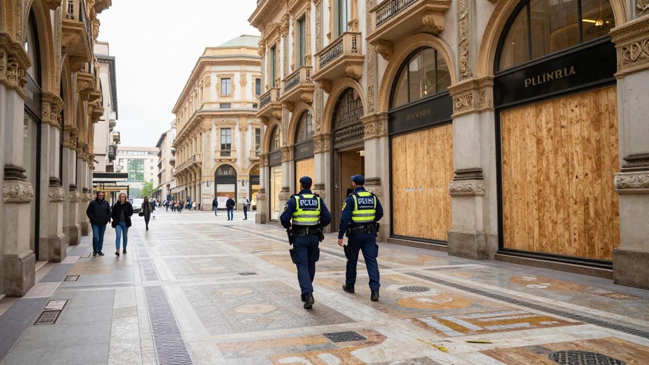 An empty street with boarded-up shops in Milan