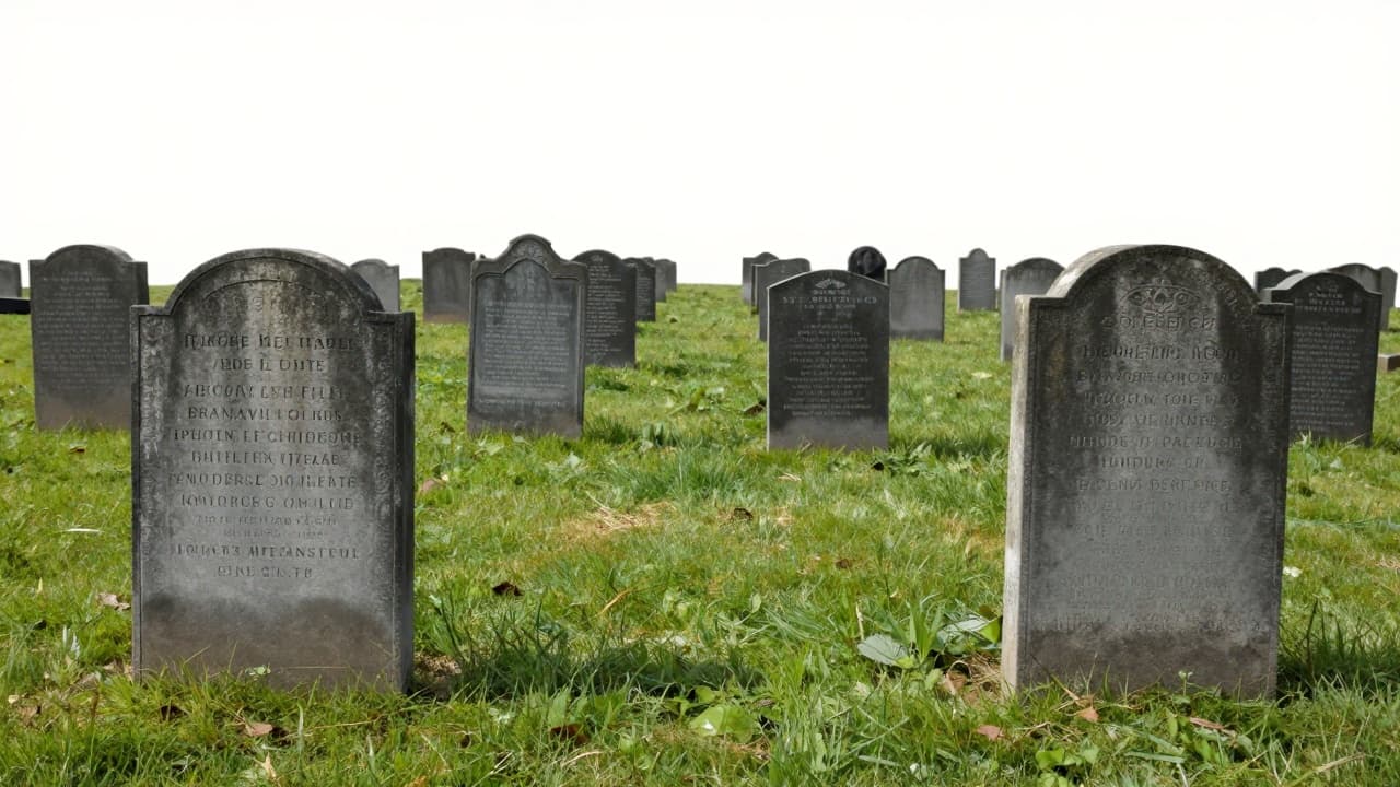 Old gravestones on a green lawn