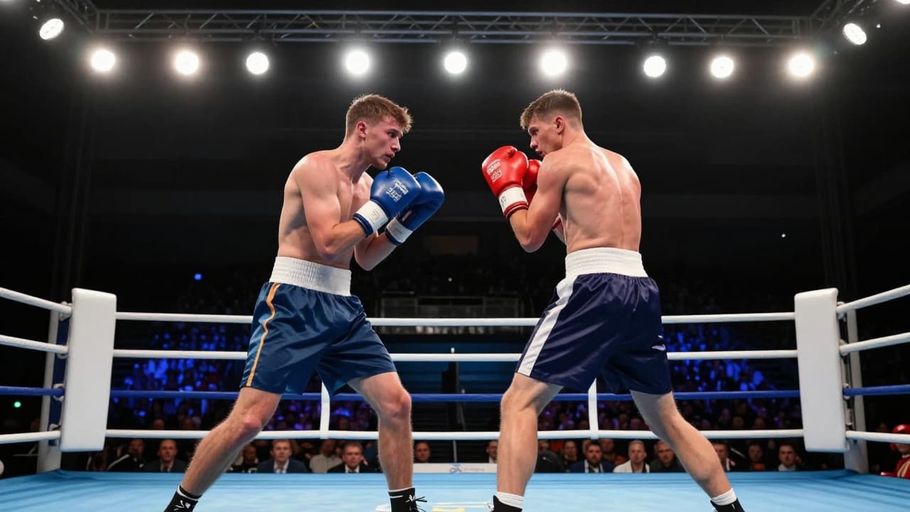 Two boxers in the ring under the spotlights